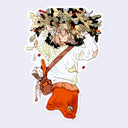 Sticker of an anime style character standing under a bundle of foliage, wearing a crossbody satchel with gardening tools in it.