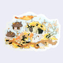 A die-cut sticker featuring a whimsical hand-drawn illustration in autumn colors, showing a small cottage, acorns, leaves, and a bird, set against a light lavender background.