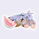 A die-cut sticker featuring a whimsical watercolor illustration of a small girl sitting among watermelon slices, grapes, figs, and cherries, shown on a light lavender background.