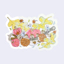 A die-cut sticker featuring a whimsical watercolor illustration of autumn leaves, pumpkins, acorns, and small children in blue dresses on a pale lavender background.