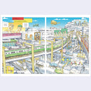 Illustration of a futuristic city with various elements like trains and buildings.