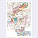 Comic-style illustration of anatomical diagrams and people with text boxes on a light purple background
