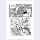 Comic book page with black and white illustrations on a light purple background