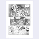 Comic book page with a robot character in various poses on a gray background