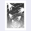 Black and white illustration of hands reaching towards a central spiral structure.