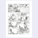 Comic book panel layout with various action scenes on a light purple background