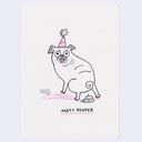 Illustration of a pug with a party hat and a scared expression, turned around and pooping.
