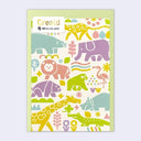 Sleeved greeting card with many pastel colored animals on it, with various shapes like a pattern. It has a green envelope.