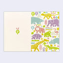 Sleeved greeting card with many pastel colored animals on it, with various shapes like a pattern. Open fully to see the back.