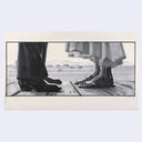 Black and white illustration of feet on a wood floor with a blurred background