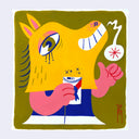 Illustration of a cartoon character with a horse head drinking a can of beer.