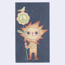 Illustration of a sun-like character holding a flower shaped sign with a peace symbol, against a dark background.