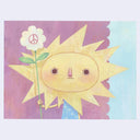 Illustration of a sun character holding a flower with a peace symbol on a colorful background