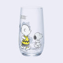Clear glass with "Peanuts" written along the top and walking characters - Sally, Snoopy, Lucy and Charlie Brown colored only in white and yellow.