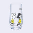 Clear glass with "Peanuts" written along the top and walking characters - Sally, Snoopy, Lucy and Charlie Brown colored only in white and yellow.