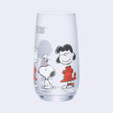 Clear glass with "Peanuts" written along the top and standing characters - Sally, Snoopy, Lucy and Charlie Brown colored only in white and orange.