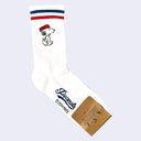 White socks with blue and red stripes at the top, and a graphic of Snoopy walking while wearing a red dog bowl on his head.