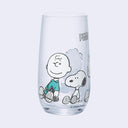 Clear glass with "Peanuts" written along the top and sitting characters - Sally, Snoopy, Linus and Charlie Brown colored only in white and teal.