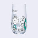 Clear glass with "Peanuts" written along the top and sitting characters - Sally, Snoopy, Linus and Charlie Brown colored only in white and teal.