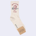 Pair of beige socks with a graphic of Snoopy dressed as a Beagle Scout with 50 Year text.