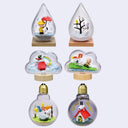 Six Snoopy-themed miniature light bulb and cloud night lights arranged in a 2x3 grid on a light gray background. The designs include Snoopy with a red umbrella in a raindrop shape, a tree with birds in a snowdrop shape, a cloud with a rainbow and red house, a cloud with a dog and bird, a lightbulb with a dog and birds, and a lightbulb with a small red house.