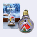 Snoopy Weather Terrorium collectible figurine inside a clear teardrop-shaped bulb with a gold screw base, shown alongside its product packaging card. The scene features Snoopy in a doghouse with a red roof, Woodstock under a red umbrella, and yellow lightning bolts on a snowy blue background.