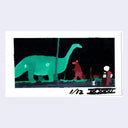 Illustration of a green dinosaur and a red creature on a black background with a white border.