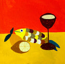 Painting of a yellow fish on a table with a lemon and glass of wine. Background is bright red.