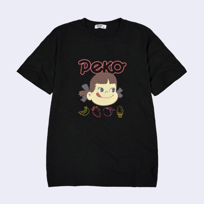 Black t-shirt with a graphic of Peko Chan, Peko Chan, a small smiling cartoon girl with rosy cheeks and a tongue out. She has blue bows in her hair. Above her reads "peko" in caps and below her feature line art drawings of a banana, a strawberry, a peach and an ice cream cone.