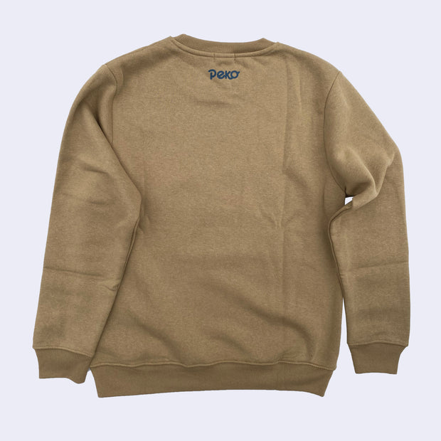 Back of a tan sweatshirt, with "Peko" written in blue in the upper center near the collar.