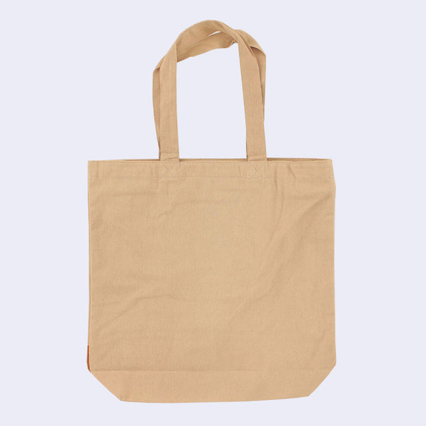 Back view of a tan tote bag, completely blank on the back.
