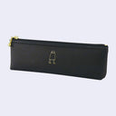 Black pencil case with a small logo on a light gray background