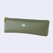 Green pencil case with a small logo on a light gray background
