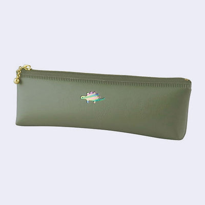 Green pencil case with a small logo on a light gray background