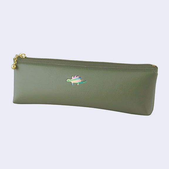 Green pencil case with a small logo on a light gray background