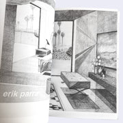 Pencil drawing of a modern interior design layout with furniture and decor.