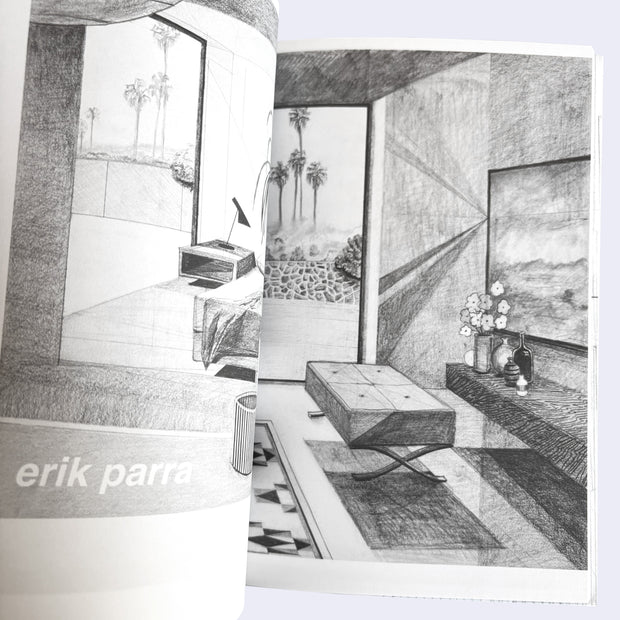 Pencil drawing of a modern interior design layout with furniture and decor.