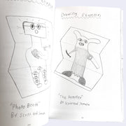 Children's drawings of folded paper with characters on them,  one is titled "photo booth" and the other is titled "the hammer"