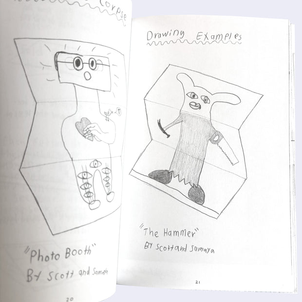 Children's drawings of folded paper with characters on them,  one is titled "photo booth" and the other is titled "the hammer"