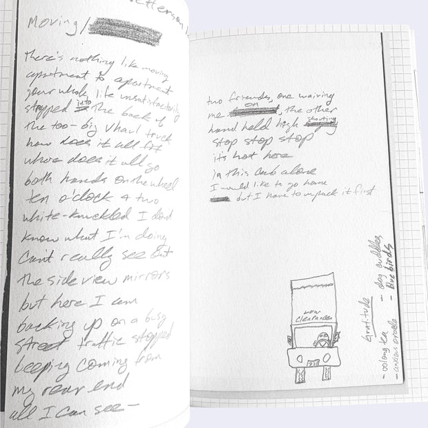 Handwritten text on a piece of paper with a small drawing of a truck.