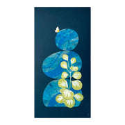 Collage style painting on a solid navy blue background of a stack of 3 rocks. Rocks have a bold abstract blue marble patterning on them, with a small yellow butterfly resting atop the top rock. A Peperomia plant reaches up to the top of the second rock.