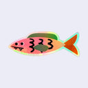 A stylized fish-shaped sticker with a holographic iridescent finish, featuring a pink and orange body, green top, black wavy stripes, and a teal outline on a light gray background.