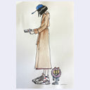 Illustration of a woman wearing a blue cap, a brown trench coat  looking at a stack of papers in her hands. Behind her is a small furry monster creature.