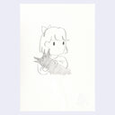 Pencil illustration of a girl character wearing a bow and hugging a dog.