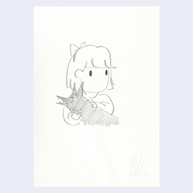 Pencil illustration of a girl character wearing a bow and hugging a dog.