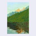 Painting of a mountain landscape with a lake and trees