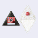 Two triangular onigiri rice balls on a light gray background: one sealed in dark seaweed with a red plum label, and one open showing white rice with a red plum on top.