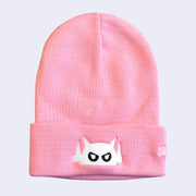 Pink beanie with a white embroidery on the front fold of a Big Boss Robot head.