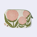 Oval shaped beige pouch with a green zipper on the side, featuring rounded pink flowers like mums and green leaves