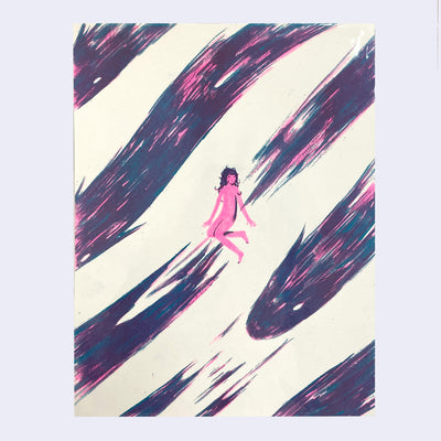 Teal and pink ink risograph print of a pink nude girl with long wavy hair, floating. Around her are long flying simplified dragon-like creatures, with no limbs and minimal facial features. 